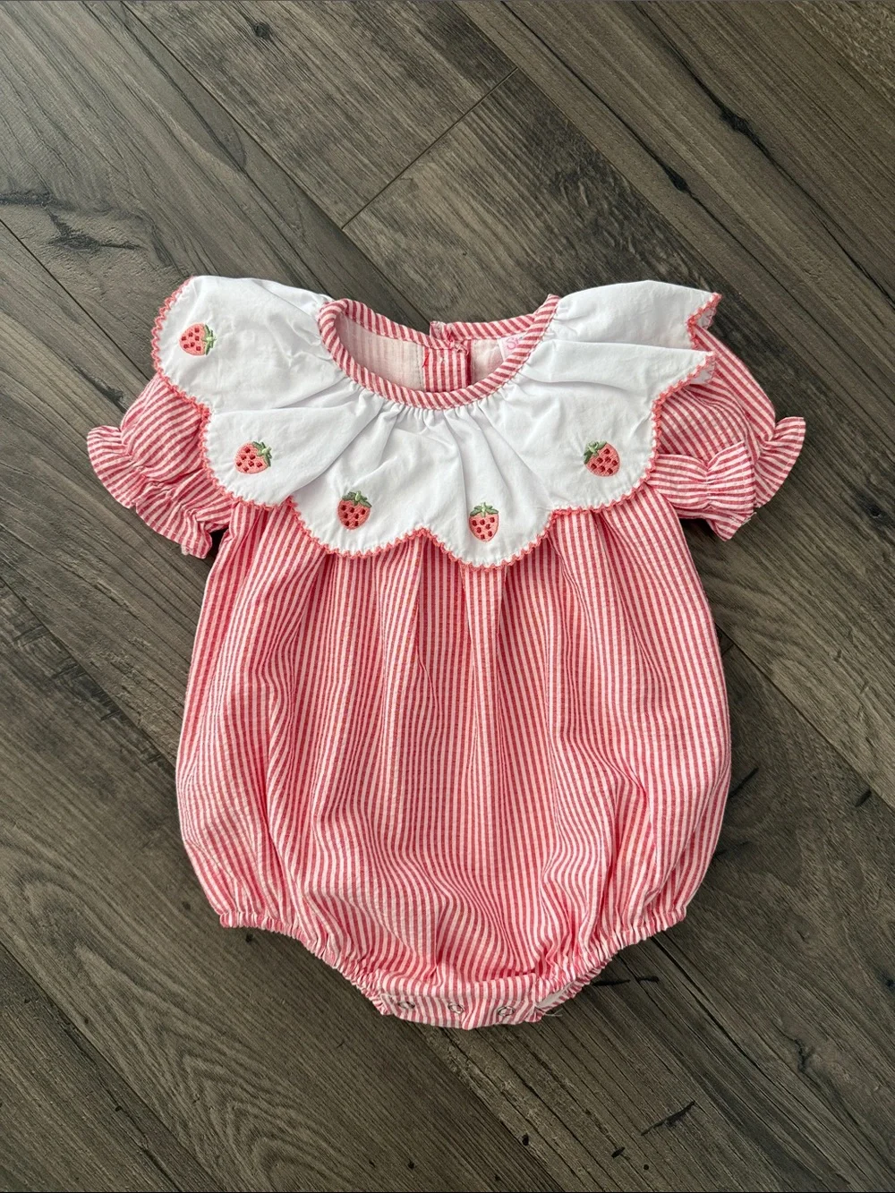 NEVER WORN Pink Striped Strawberry Bubble Romper with Scalloped Collar